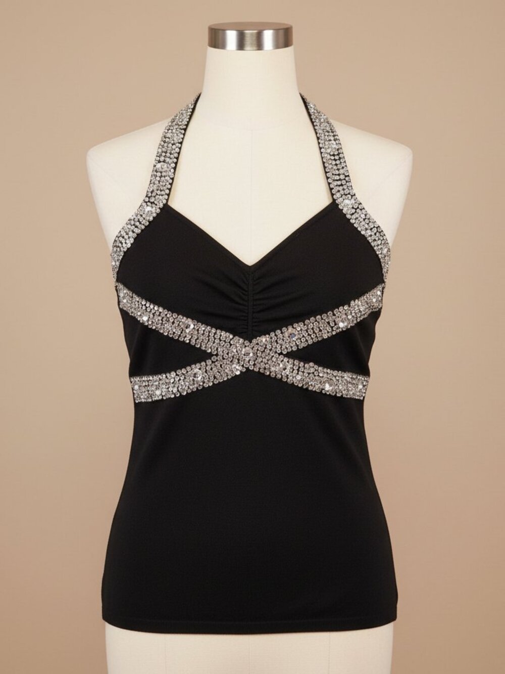 Le Château Black Halter Top Silver Sequin Crisscross Size S/P